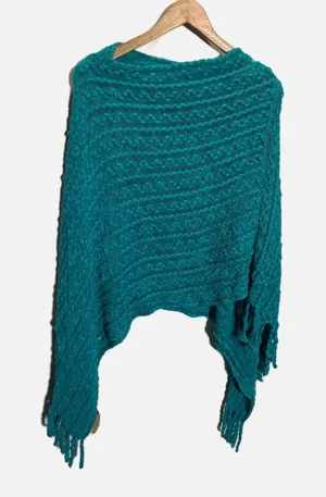 Occasionally Made Poncho Women OS Teal Chunky Knit Fringe Boho Layering Wrap thumbnail 1