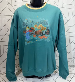 Country Store Sweatshirt Large Teal Green Autumn‎ Scarecrow Pumpkin Sunflower thumbnail 1