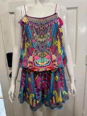 Camilla Pastel Floral Ikat Embroidered Top in Pink, Blue, Purple Size Medium thumbnail 3