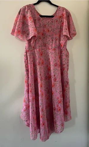 Pink Floral Flutter Sleeve Midi Dress 8 Cottagecore Feminine Church Modest thumbnail 1