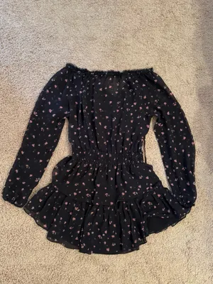 Love Shack Fancy Black And Pink Floral Mini Dress with Ruffles thumbnail 5