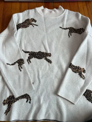Leopard Print Sweater Womens Large White Mock Neck Knit Pullover Long Sleeve thumbnail 1