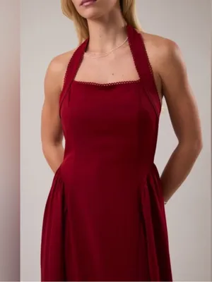 NEW Le Lis Burgundy Halter Midi Dress with Lace Trim – Medium thumbnail 2