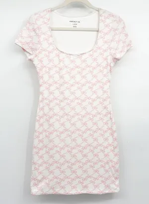 Arden B‎ Womens Pink Bow Print Coquette Y2K Ribbed Bodycon Mini Dress Size L thumbnail 1