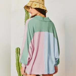 Multicolor Pastel Pink Green Blue Colorblock Patchwork Ribbed Pullover Top Size M thumbnail 4
