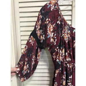 Nostalgia Floral Midi Dress‎ Size M 3/4 Crochet Sleeve Scoop Burgundy/Cream Boho thumbnail 3