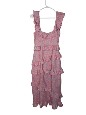 🌸 Show‎ Me Your Mumu Ruffle Floral Midi Dress Pink Blue Made in USA Size L 🌸 thumbnail 4