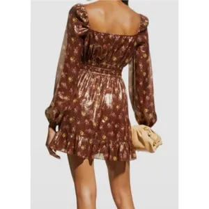 Paige Women's Brown Noah Floral Metallic Dress Size Large Silk Peasant Milkmaid thumbnail 6