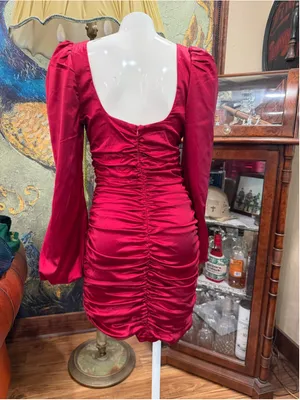 Oh Polly Mini Dress Red Satin Ruched Square Neck Puff Sleeve Cocktail Size 8 M thumbnail 6