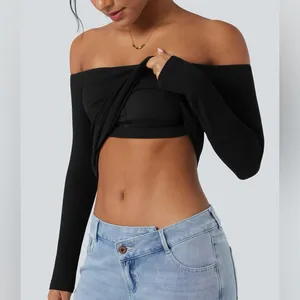 Halara Ribbed Knit Off-Shoulder Long Sleeve 2-in-1 Casual Top NWOT - small thumbnail 2