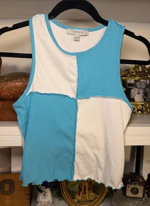 gaze Blue & White Patchwork Ribbed Tank Size XS thumbnail 1