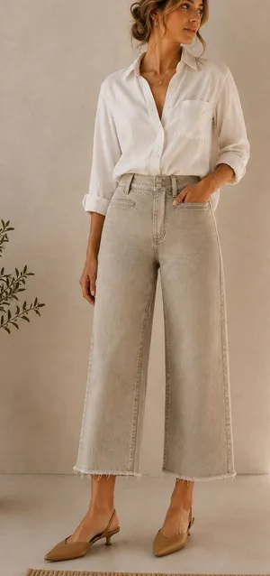 Banana Republic High Rise Wide Leg Cropped Raw Hem Gray Beige Wash Denim Jeans thumbnail 1