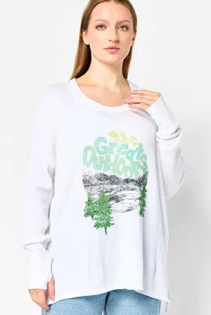 Aerie Relaxed White Graphic Waffle Knit Top - The Great Outdoors thumbnail 1
