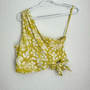 Carmen one shoulder yellow tropical cropped tie blouse top size S thumbnail 2