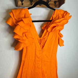 VTCH Vicky Tcherassi Orange Linen Ruffle V-Neck Midi Dress Made in Colombia S thumbnail 3