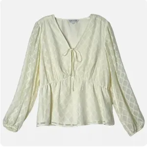 Elizabeth and James Cream Peplum Long Sleeve Peasant Blouse V-Neck Tie‎ Front Sm thumbnail 1