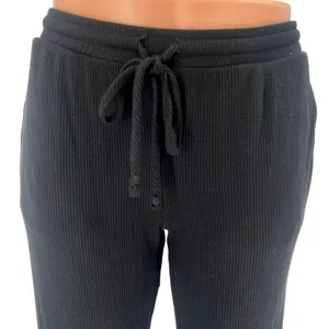 Aqua Black Ribbed Mid Rise Drawstring Cropped Relaxed Lounge Sweat Pants Size S thumbnail 2