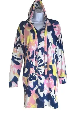 Bobbie‎ Brooks Medium Blue Pink Tie Dye Hoodie Mini Dress NWOT Beach Cover Up thumbnail 1