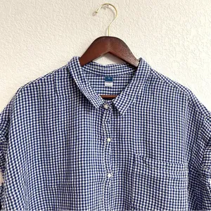 Old Navy Womens Shirt Blouse Blue White Gingham Plaid Boxy Button Up Size XL thumbnail 3