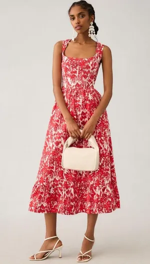Anthropologie Aureta Square Neck Corset Midi A Line Dress Red White size M thumbnail 1