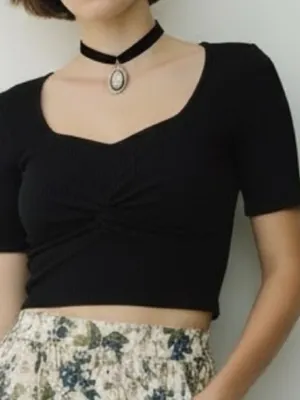 Runaway New 90s inspired black ribbed twist front Crop Top Minimalist basic thumbnail 1