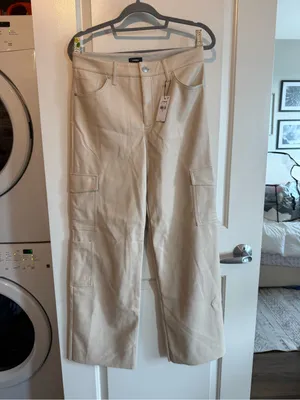 Express High Waisted Cream Faux Leather Wide Leg Cargo Pants NWT thumbnail 2