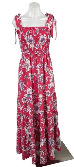 Love & Piece Pink Floral Tiered Smocked Sleeveless Tie Strap A Line Maxi Dress S thumbnail 1