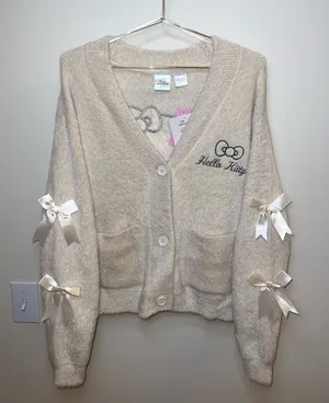 Hello‎ Kitty Bow Sleeve Fuzzy Cardigan Cream Sanrio S/M NWT thumbnail 1