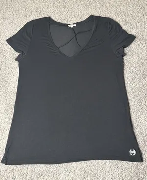 Victoria's Secret L Super Soft PINK Black Criss Cross Strappy V-Neck T-Shirt thumbnail 1