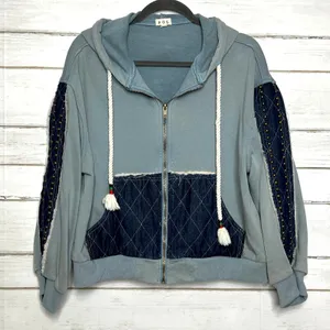 POL Denim Patchwork Hoodie Jacket Women’s Small Blue Gray Zip Up Boho Studded thumbnail 1