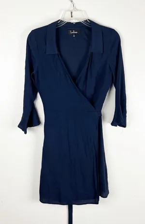 LULUS Navy Long Bell Sleeves True Wrap Lined Dress Size Small Casual Neutral thumbnail 1