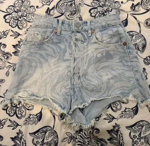 Zara High Waist Light Blue Swirl-Pattern Denim Cotton Woman’s Shorts thumbnail 1