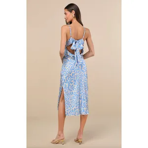 Lulus Midiana Light Blue Abstract Floral Tie Back Midi Dress Party Satin XS NWT thumbnail 3