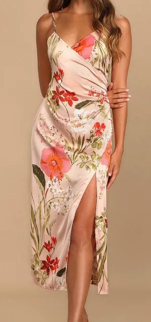 NWT Lulus Remarkable Entrance Pink Floral Print Satin Midi Dress ~ Size M 🧡🍄 thumbnail 1