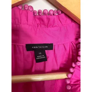 Ann Taylor Shirt Dress Womens 12 Pink Excellent Pom Ruffle Puff Sleeve Belted thumbnail 5
