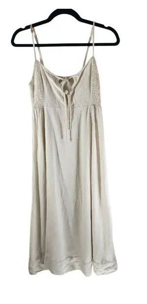 Ghanda Linen Blend Maxi Dress Tie Front V Neck Beige S thumbnail 1
