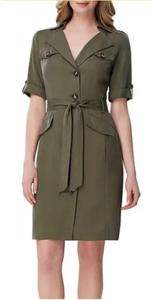 Tahari Olive Midi Shirt Dress Size 6 Military Inspired thumbnail 1