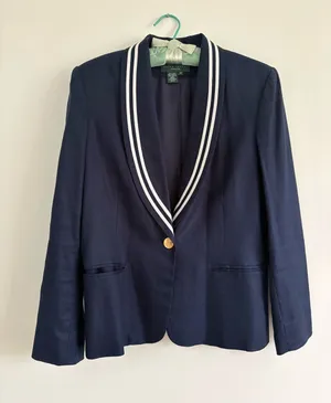 Lauren Ralph Lauren Linen Navy White Stripe Blazer Jacket Size 14 Petite thumbnail 1