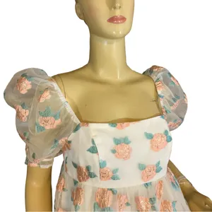 Altar'D State White W/Peach & Green Floral Print Organza Baby Doll Dress (M) thumbnail 8