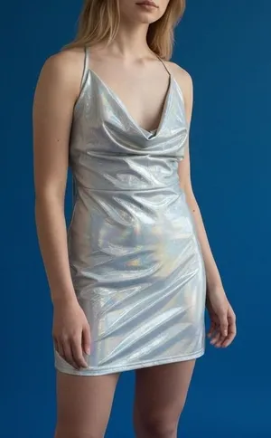NWT Holographic Cowl Neck Mini Dress Silver Party Clubwear Size Small thumbnail 1