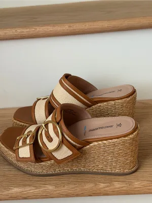 Wedge Slide Sandal in Tan and Cream with Buckle thumbnail 8