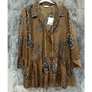 NWT Sandro Aurelie Paisley Silk Shirt Dress Brown Bandana Print Ruffle 40 L thumbnail 3
