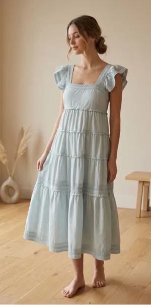 KARLIE Light Blue Cotton Smocked Tiered Ruffle Dress Midi Cottagecore Pockets M thumbnail 1