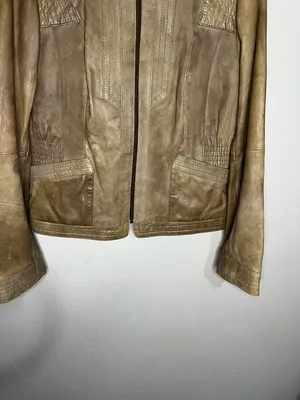 Black Rivet Woman’s Vintage Tan‎ Leather Elbow Patches Zipper Wrists Jacket thumbnail 4