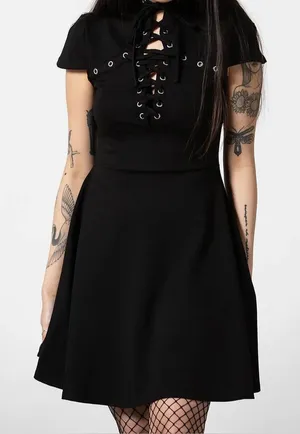 Killstar Tied Up Skater Dress Black Metal Detail Goth Alternative Emo M thumbnail 1