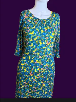 Boden Yellow, Blue & Pink Floral Scoop-Neck Midi Dress thumbnail 3