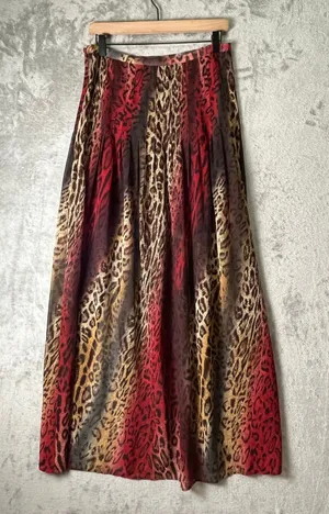Vintage Animal Print Maxi Skirt Leopard Abstract Red Brown Boho Y2K Women's Med thumbnail 1