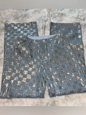 Line & Dot Blue Checkered Sequin Wide-Leg Pants thumbnail 4