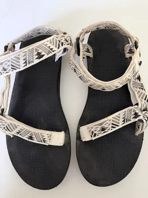 Teva Black Sandals with Cream & Gray Patterned Straps thumbnail 1