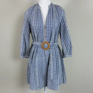 ZARA Crochet Daisy Blue &‎ White Gingham Rattan Belted Mini Dress Size Med thumbnail 3